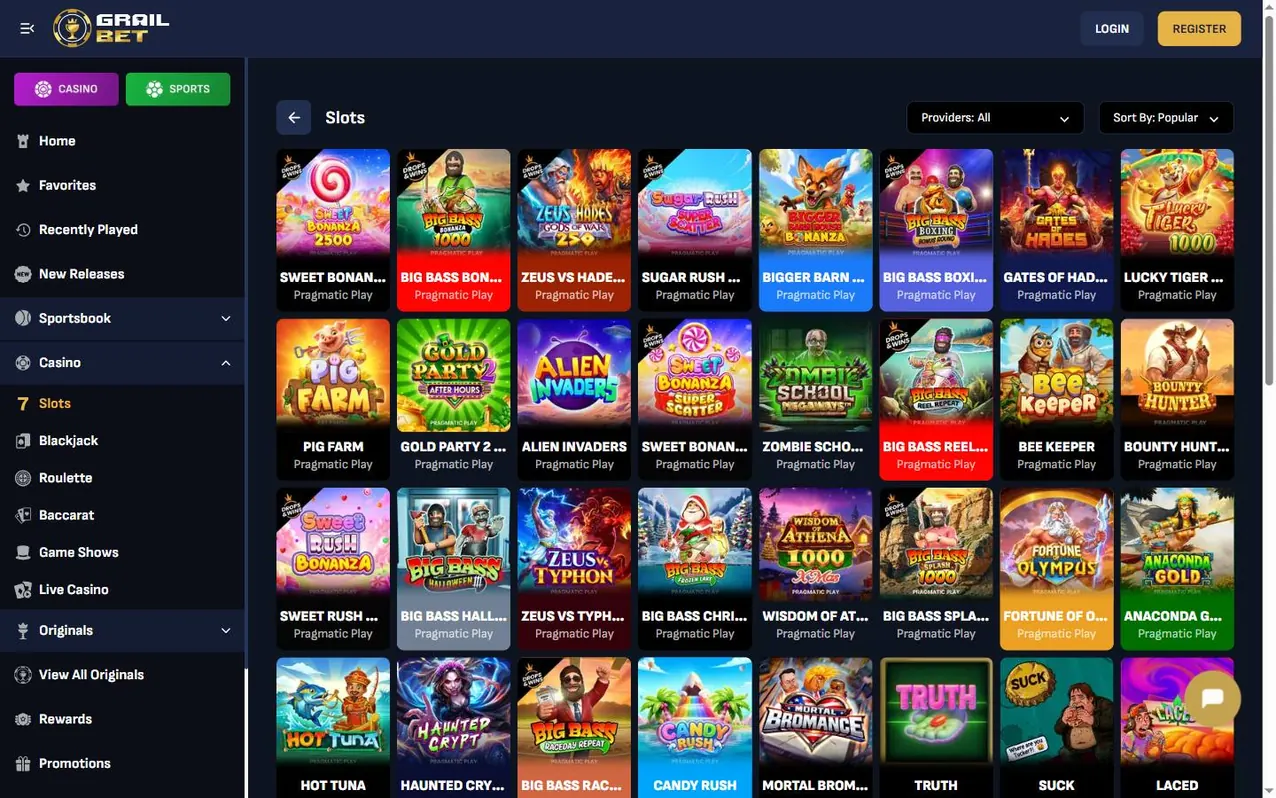 Spiellobby: Sortiment und Filter.