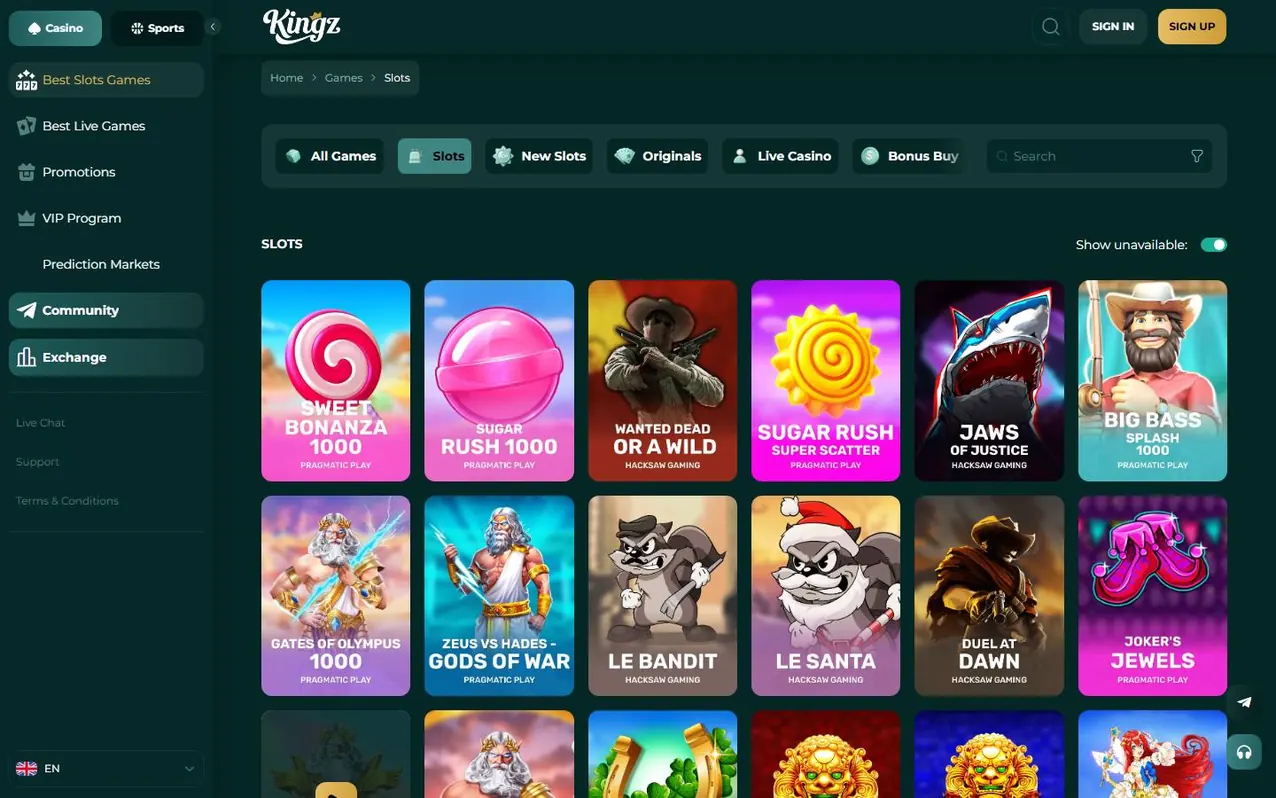 Spiellobby: Sortiment und Filter.