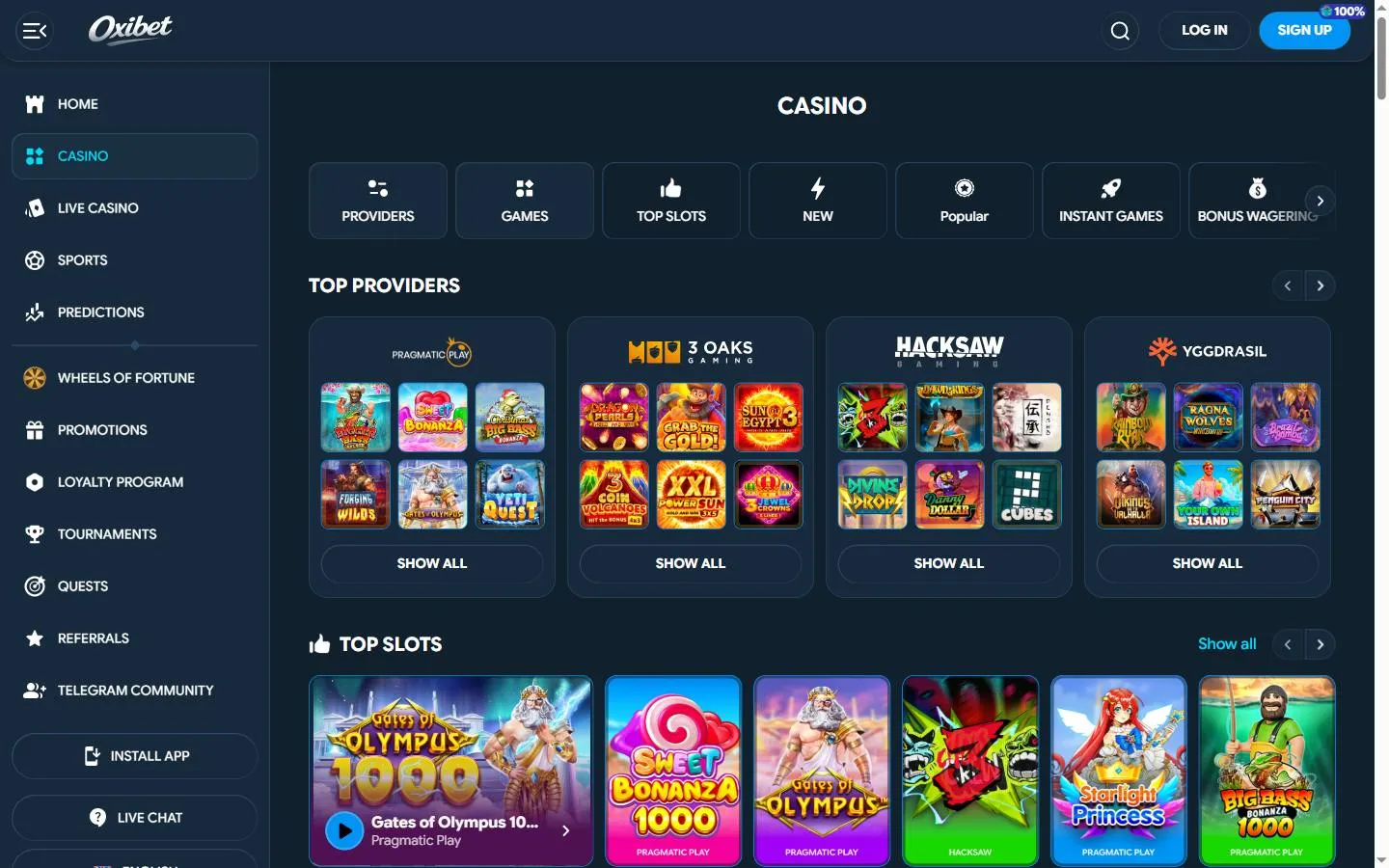Spiellobby: Sortiment und Filter.