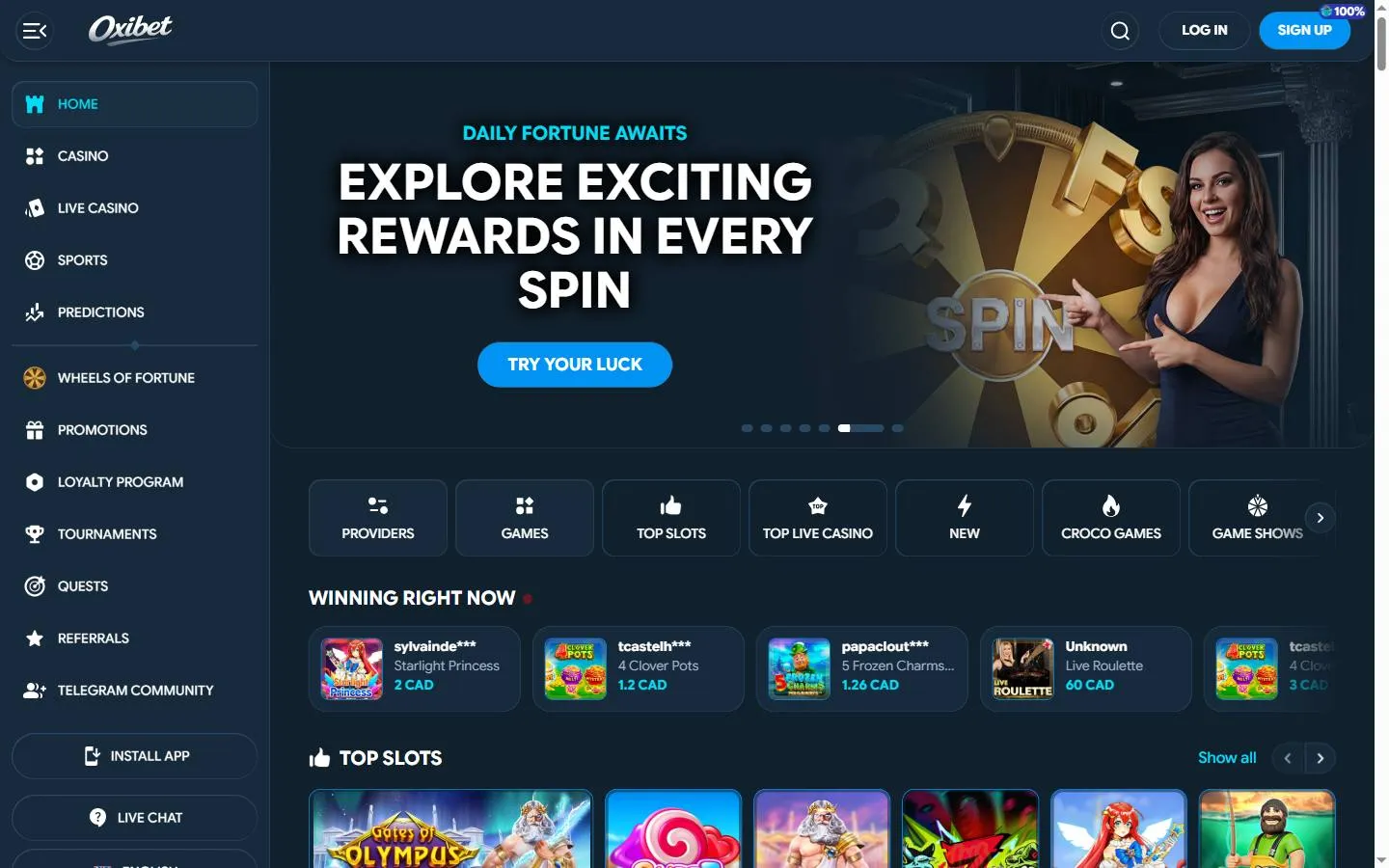 Startseite des Casinos &mdash; erster Eindruck.