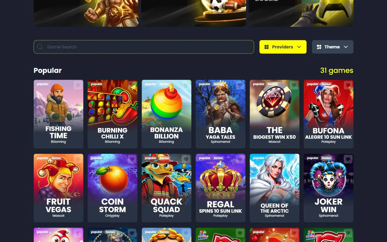 Spiellobby: Sortiment und Filter.