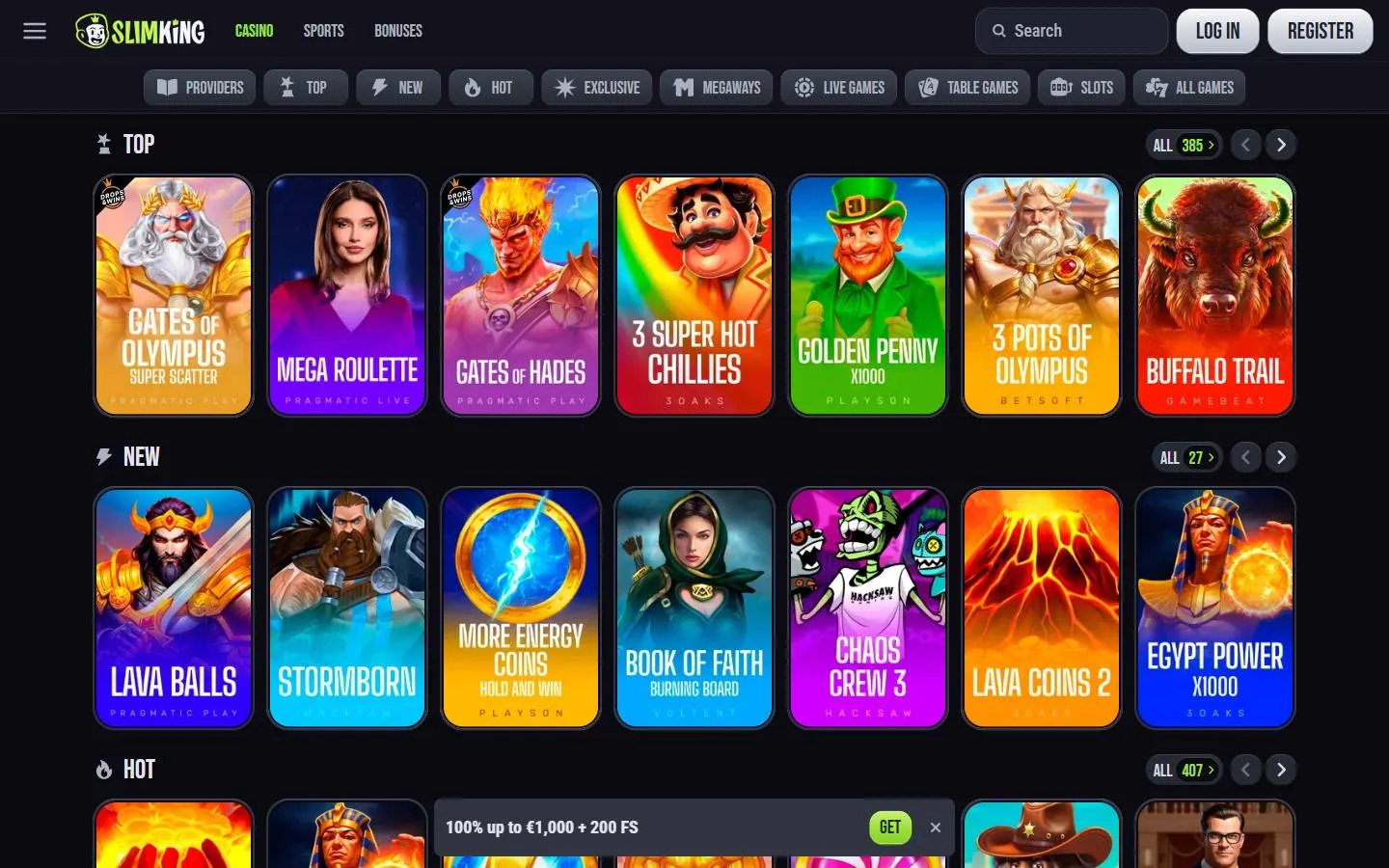 Spiellobby: Sortiment und Filter.
