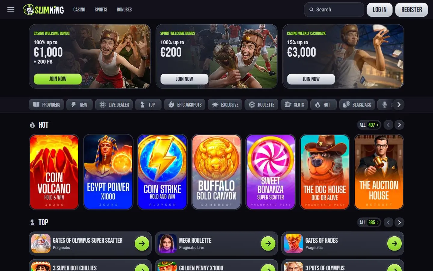 Startseite des Casinos &mdash; erster Eindruck.