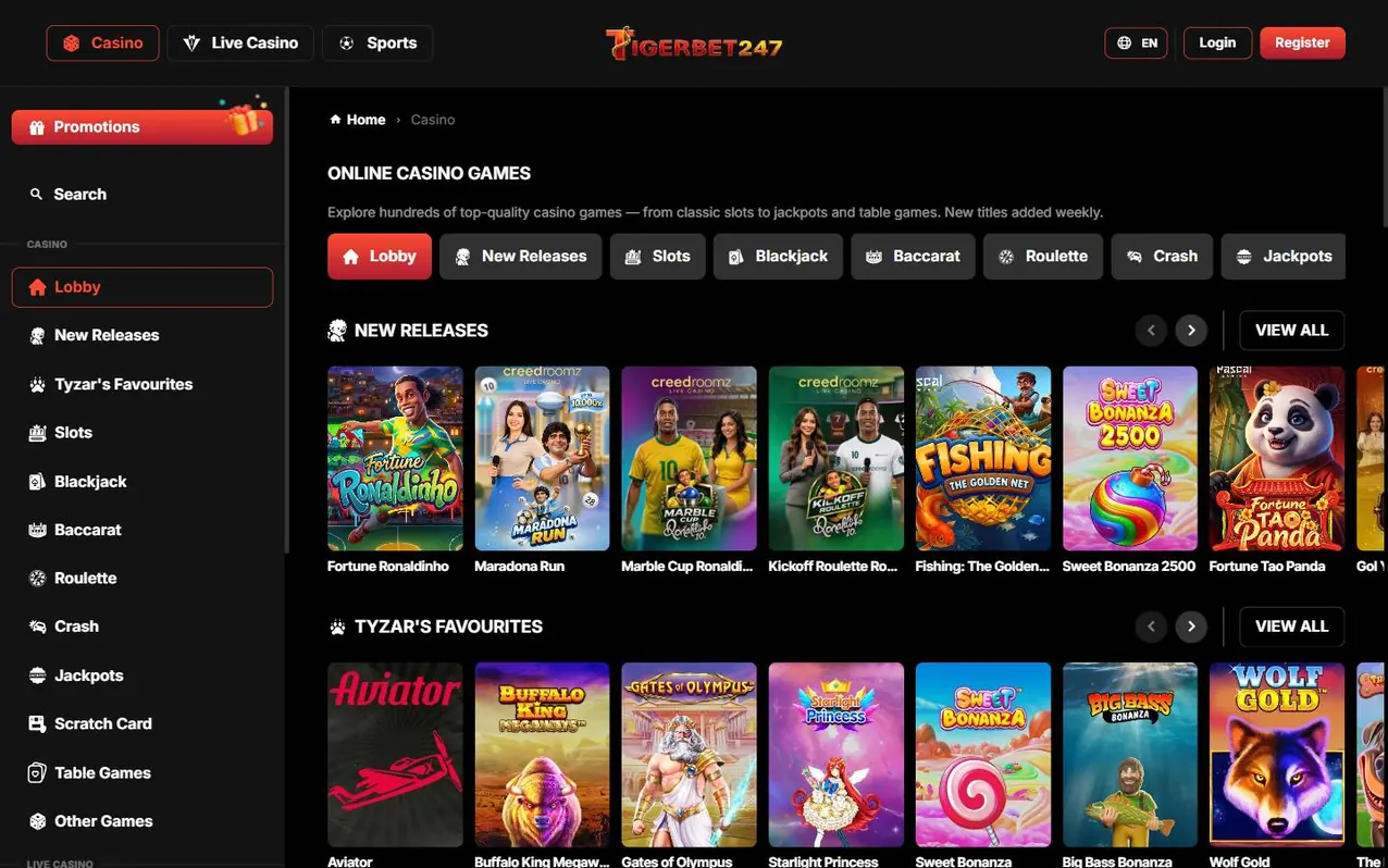 Spiellobby: Sortiment und Filter.