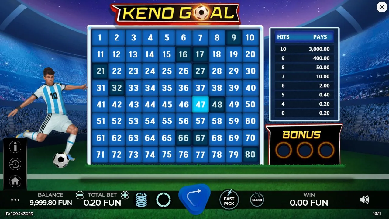 Auszahlungstabelle von Keno Goal auf dem Spielbildschirm