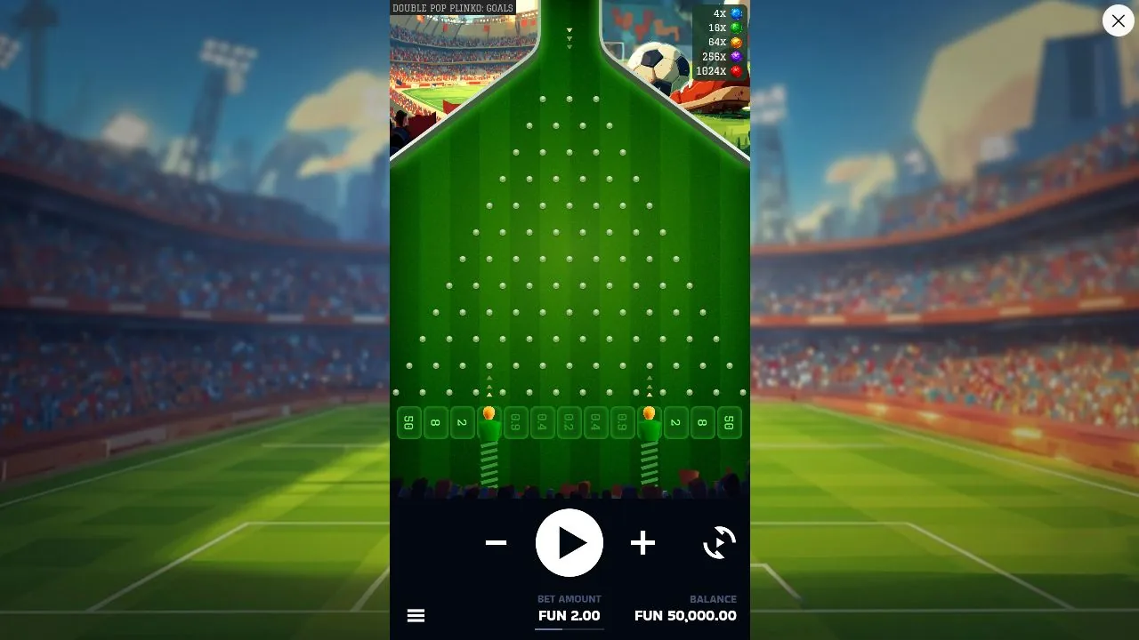 Multiplikatoren auf dem Spielfeld der Demo von Double Pop Plinko: Goals